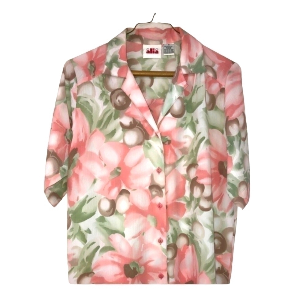 Alia size 10 button up short sleeve shirt. Pink Green & brown floral pattern